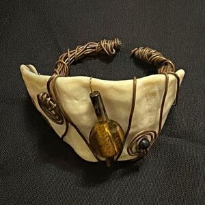 Handcrafted Cuff Wire-Wrapped Copper Bangle with Carved Faux Bone & Amber Accent